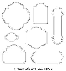 Empty blank vintage frame, set, romantic old style calligraphic design elements, outlined, detailed, black isolated on white background, vector illustration.