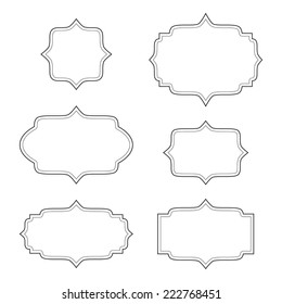 Empty blank vintage frame, set, romantic old style calligraphic design elements, outlined, detailed, black isolated on white background, vector illustration.