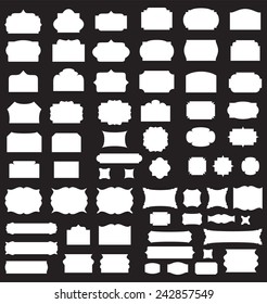 Empty blank vintage frame, set, romantic old style design elements, abstract objects, white silhouettes isolated on black background, vector illustration.