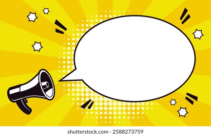 empty or blank white comic speech bubble or speech ballon with megaphone in trendy retro pop art style with halftone pattern in front of ray background in wide screen format. Vector illustration.
