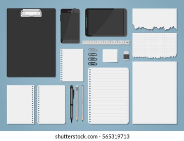 Empty blank white papers, notebook and notes flat style illustration. Office items and supplies, digital gadgets. Torn paper.