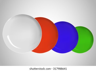 Empty blank white, red, blue and green round plates on white background
