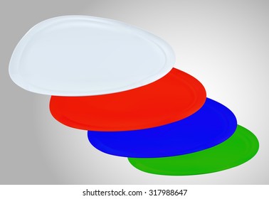 Empty blank white, red, blue and green triangle plates on white background