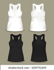 Empty or blank woman t-shirts or female sportswear top. Volumetric and realistic girl apparel, back and front view of lady sleeveless garment. Slim-fitting clothing and fashion, textile, uniform theme