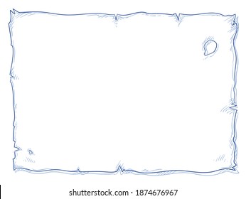 Empty blank, worn paper sheet for message in a bottle or treasure map designs for children. Hand drawn blue outline line art cartoon vector illustration. 