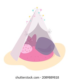 Empty Blanket Fortress, Tent Or Homemade Teepee At Home Vector Illustration. Cartoon Cute Tipi With Toy, Cushion And Pillows For Kids Party Indoor, Hut For Childrens Active Games Isolated On White