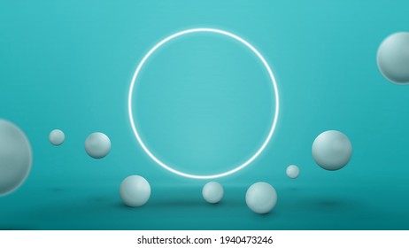 Empty blue abstract scene with realistic bouncing spheres and neon ring. 3d render illustration with blue abstract scene with neon white ring