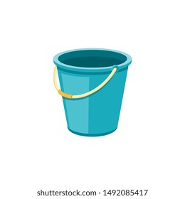 Empty blue bucket vector illustration, isolated plastic liquid container with nothing inside. Simple household cleaning object with beige r ubber handle.