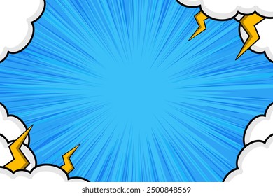Empty blue comic book page background in pop art style with clouds