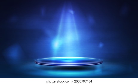 Empty blue floating in the air podium for product presentation, 3d realistic vector illustration. Blue digital scene