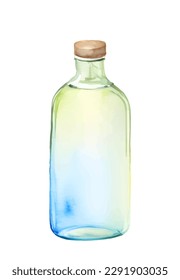 Empty blue glass transparent bottle with brown cork , watercolor vector illustration