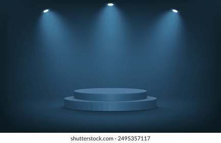 Empty blue navy studio room background. Dark blue background vector 3d with podium. Empty room with spotlight effect. Space for selling products on the website. Vector illustration.