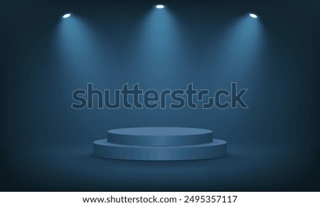 Empty blue navy studio room background. Dark blue background vector 3d with podium. Empty room with spotlight effect. Space for selling products on the website. Vector illustration.