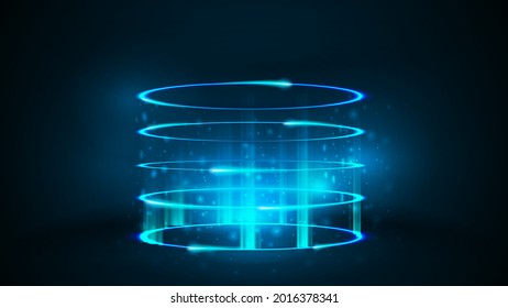 Empty blue neon digital hologram in cylindrical shape with particles and shiny rings in dark room