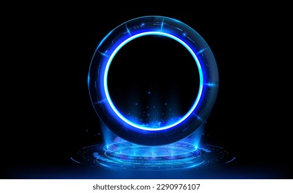 Empty Blue neon futuristic lighting stage. Blue hologram portal. Magic fantasy portal. Magic circle teleport podium with hologram effect. Circle Sci-fi element light and lights. Vector illustration