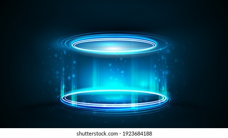 Empty blue neon podium for product presentation, 3d realistic vector illustration. Blue digital hologram podium in cylindrical shape with particles and shiny rings in dark room