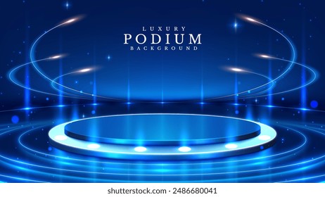 Empty Blue Pedestal with Bright Circular Neon Lights Surrounding It, Decorated with Bokeh Elements and Stars. Elegant Style Background for Product Promotion or Award Ceremony. Vector illustrations.