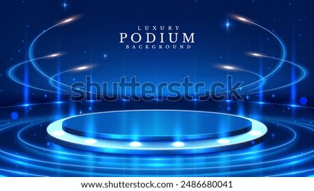 Empty Blue Pedestal with Bright Circular Neon Lights Surrounding It, Decorated with Bokeh Elements and Stars. Elegant Style Background for Product Promotion or Award Ceremony. Vector illustrations.