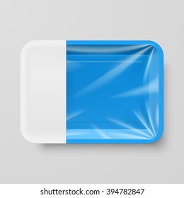 Empty Blue Plastic Food Container with Empty Label on Gray