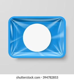 Empty Blue Plastic Food Container with Round Label