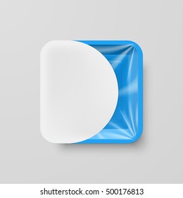 Empty Blue Plastic Food Square Container with White Label on Gray