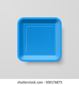 Empty Blue Plastic Food Square Container on Gray Background