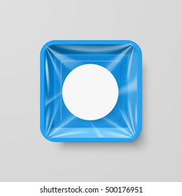 Empty Blue Plastic Food Square Container with Round Label