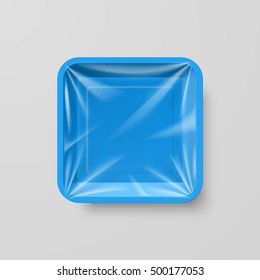 Empty Blue Plastic Food Square Container on Gray