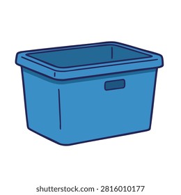 An empty blue plastic storage bin or tote box shown in a simple hand-drawn cartoon style isolated on a white background.