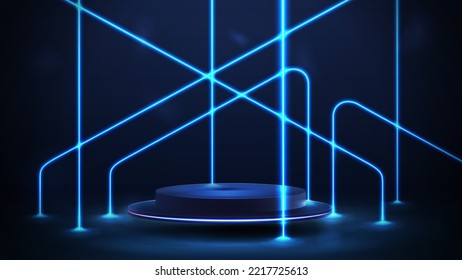 Empty blue podium floating in the air in dark scene with line asymmetric blue neon lamps around