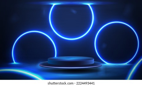 Empty blue podium floating in the air with blue neon rings around