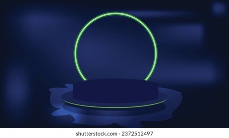 Empty blue podium floating in the air with blue neon ring on background.