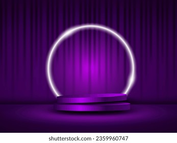 
An empty blue podium floats in the air with a neon ring in the background.