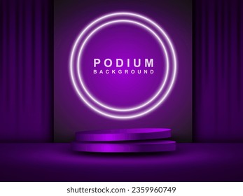 
An empty blue podium floats in the air with a neon ring in the background.