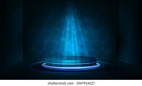 Empty blue podium with lighting of spotlights and honeycomb on background. Blue digital scene for product presentation