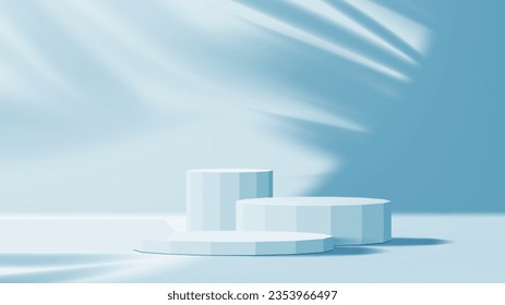 Mockup azul vacío o fondo de pantalla de producto, plataforma base vectorial 3D. Podio cosmético premium o soporte pedestal con sombra de hojas de palma en la pared, escenario de verano o escena de lujo con luz