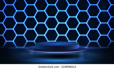 Empty blue podium with neon honeycomb on background. Blue digital scene for product presentation