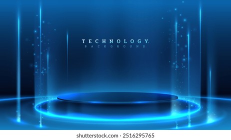 Empty blue podium on blue background with light neon effects with bokeh decorations. Technology modern scene design concept.