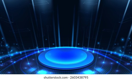 Empty blue podium on dark background with soft neon effect and bokeh decoration. Futuristic technology scene design concept. Vector illustration.