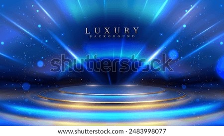 Empty Blue Podium on a Dark Background with a Golden Beam Effect and Bokeh Decorations. Luxury Scene Design Concept. Vector Illustration.