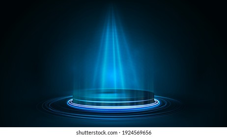 Empty blue podium for product presentation, 3d realistic vector neon illustration. Blue digital neon podium shiny rings in dark room