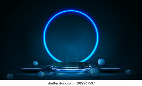 Empty Blue Podium For Product Presentation In Form Of Winner Pedestal With Blue Neon Ring