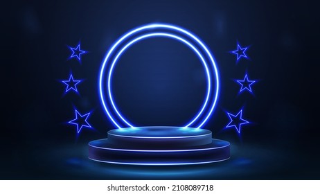 Empty Blue Podium Of Winners With Blue Neon Rings And Neon Stars