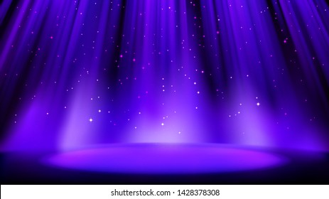 Empty blue purple scene with dark background, place lit by soft indigo spotlight, shiny sparkling particles. Indigo background with soft glow. Vector illustration