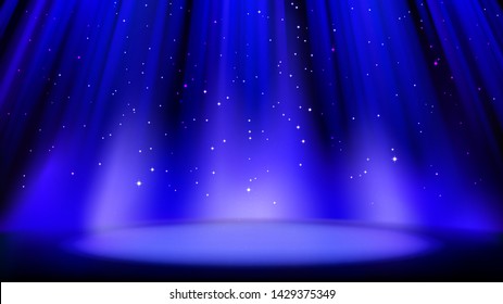 Empty blue scene with dark background, place lit by soft spotlight, shiny sparkling particles. Blue background with soft glow, divine radiance. Vector illustration