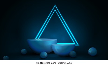 Empty blue semicircular pedestals with large neon triangular frames on dark background and decorative spheres around