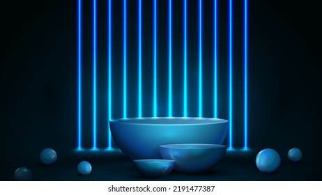 Empty blue semicircular pedestals with wall of vertical line blue neon lamps on background.