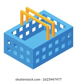 Empty blue shopping basket with raised yellow handle is waiting for products on white background