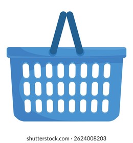 Empty blue shopping basket is standing up waiting to be filled with groceries at the supermarket