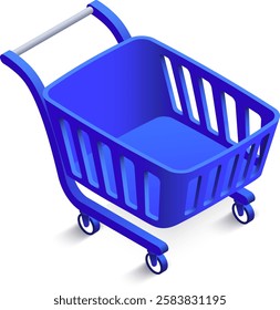 Empty blue shopping cart with a metal handle and wheels is depicted on a white background, representing online shopping and e commerce concepts